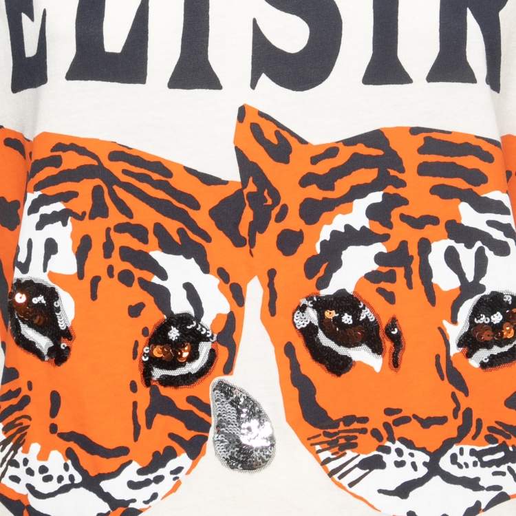 مملوكة مسبقًا Gucci Cream Tiger Print Sequined Cotton Crew Neck Half Sleeve T-Shirt S