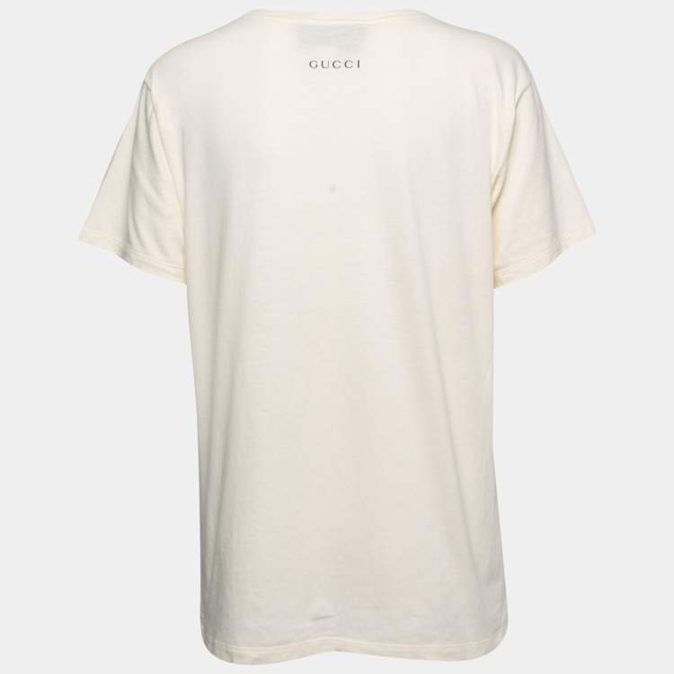 مملوكة مسبقًا Gucci Cream Tiger Print Sequined Cotton Crew Neck Half Sleeve T-Shirt S