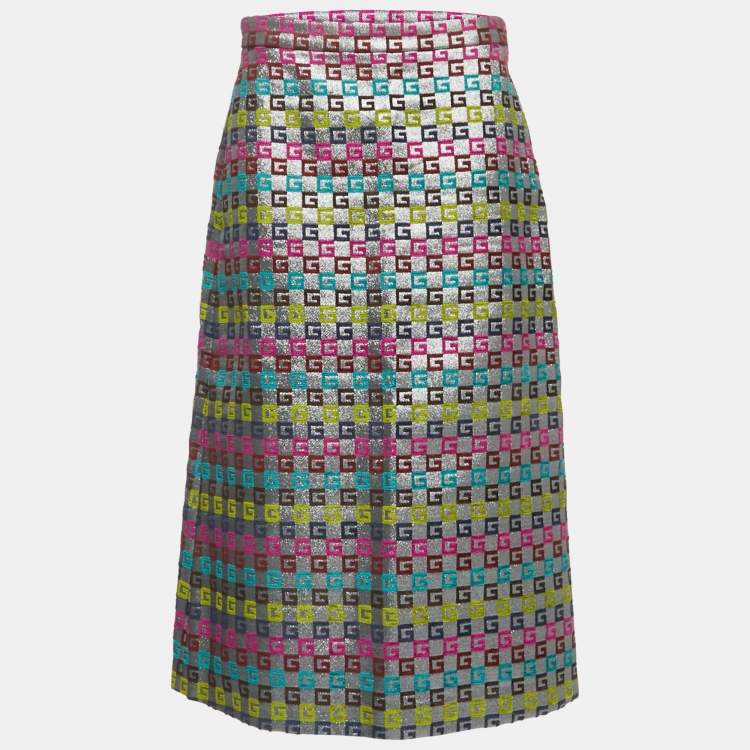 Pre Owned Gucci Metallic G Patterned Jacquard Midi Skirt XL