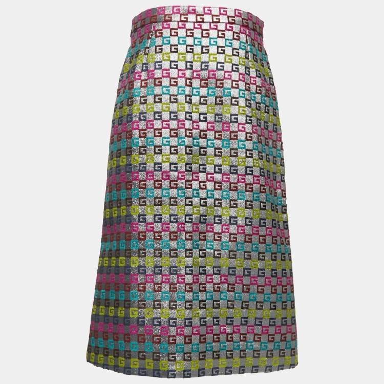 Pre Owned Gucci Metallic G Patterned Jacquard Midi Skirt XL