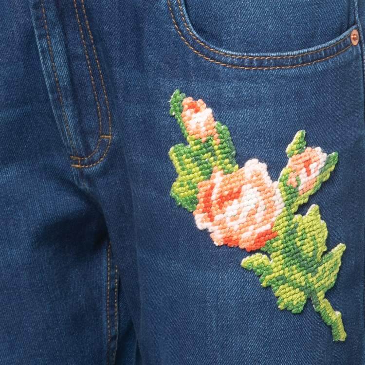 Pre Owned Gucci Blue Denim Embroidered Patch Jeans M Waist 30"