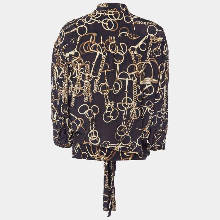 Pre Owned Gucci Brown Horsebit Printed Silk Wrap Tie Top L