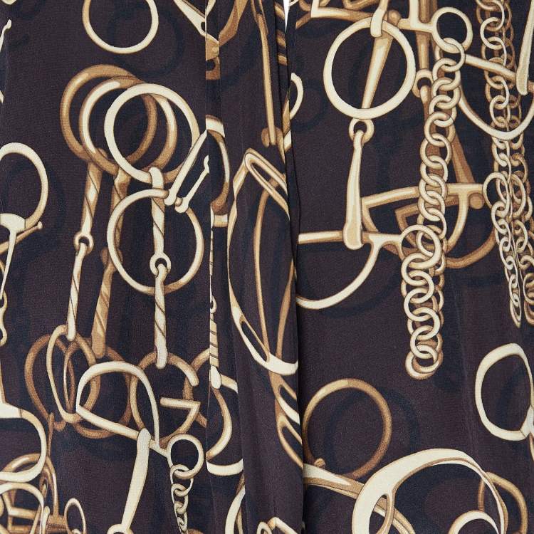 Pre Owned Gucci Brown Horsebit Printed Silk Wrap Tie Top L