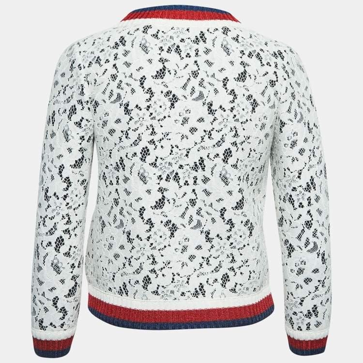 Pre Owned Gucci White Lace Neoprene Sylvie Web Trim Cardigan XS
