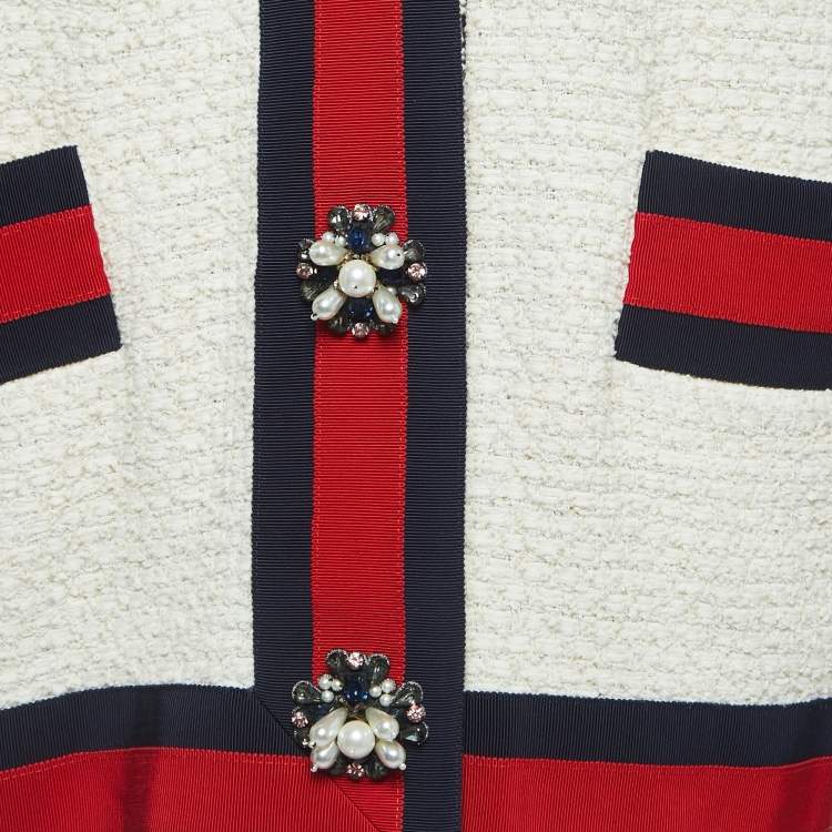 Pre Owned Gucci Off White Tweed Web Stripe Detail Buttoned Jacket S