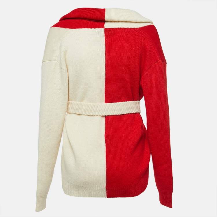 Pre Owned Gucci Red/Cream Wool Knit Off Shoulder Belted Sweater S