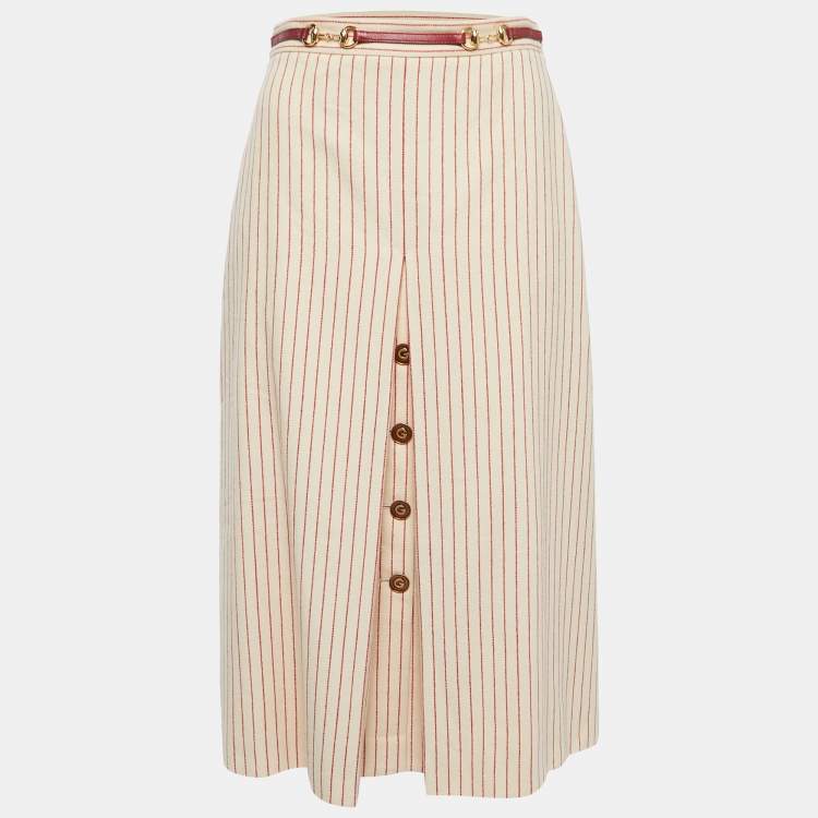 Pre Owned Gucci Beige Striped Wool Horsebit Belt Detailed Midi Skirt S