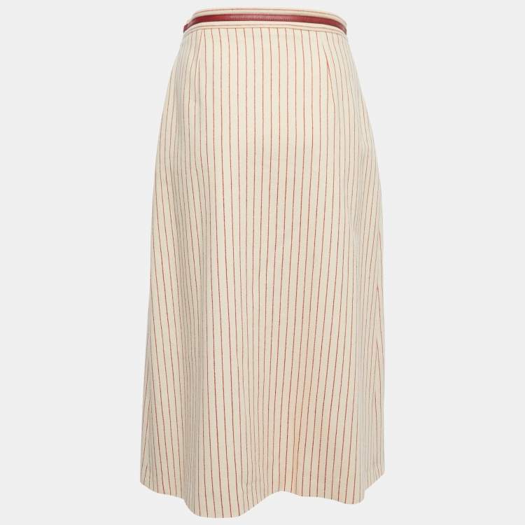 Pre Owned Gucci Beige Striped Wool Horsebit Belt Detailed Midi Skirt S