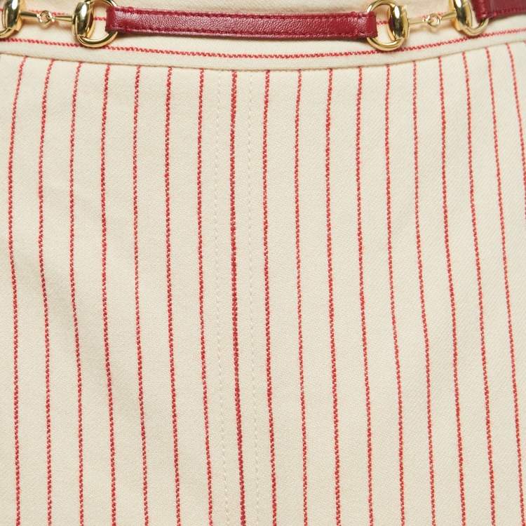 Pre Owned Gucci Beige Striped Wool Horsebit Belt Detailed Midi Skirt S