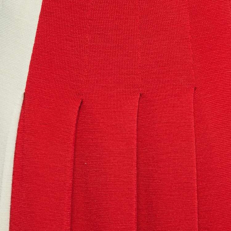 Pre Owned Gucci Cream/Red Wool Elasticized Waist Pleated Midi Skirt S