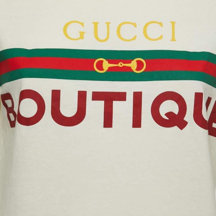 Pre Owned Gucci Cream Logo Print Cotton Short Sleeve T-Shirt XXS