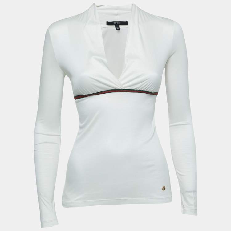 Pre Owned Gucci White Modal Web Stripe Detailed Long Sleeve Top XS
