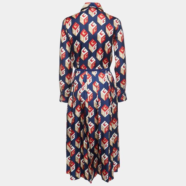 Pre Owned Gucci Navy Blue/Red Logo Motif Print Silk Shirt Skirt Set S