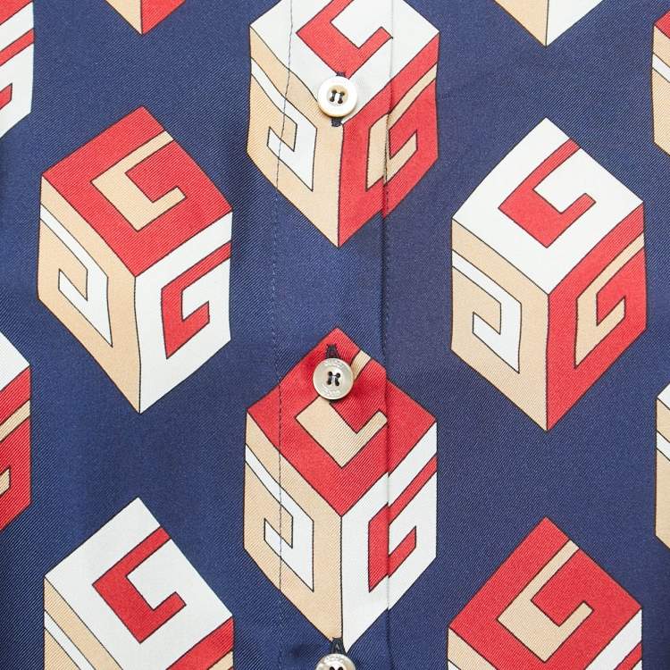 Pre Owned Gucci Navy Blue/Red Logo Motif Print Silk Shirt Skirt Set S