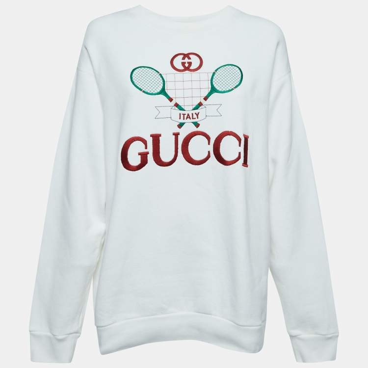 Pre Owned Gucci White Logo Embroidered Cotton Crew Neck Sweatshirt M