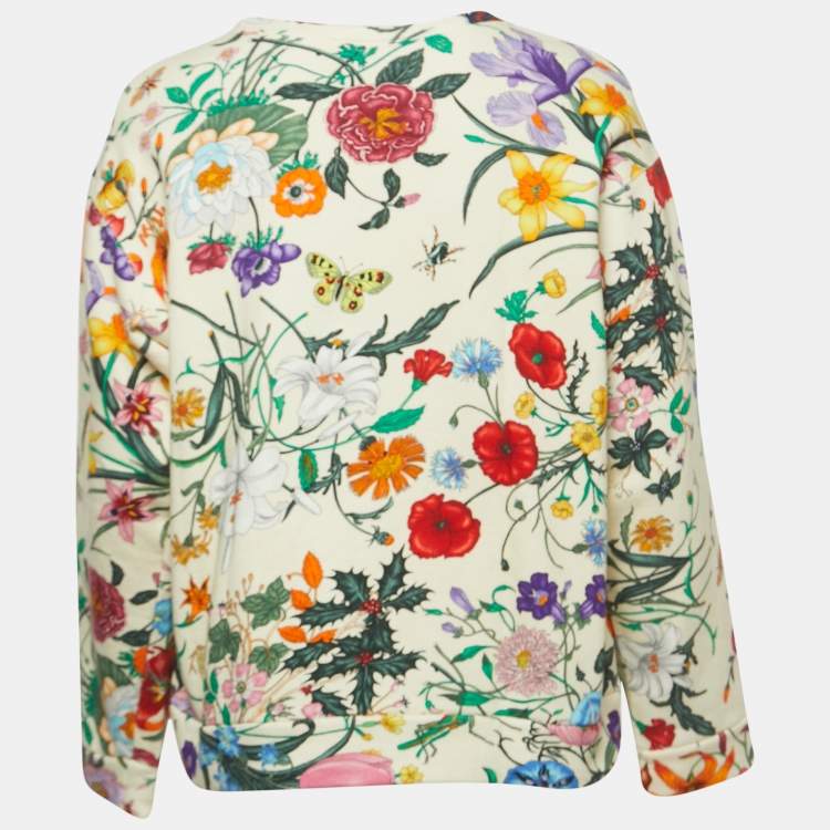 Pre Owned Gucci Cream Floral Printed Cotton Logo Sweatshirt S