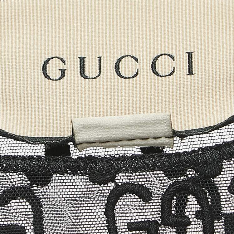 Pre Owned Gucci Black Logo Embroidered Tulle Long Sleeve Top S
