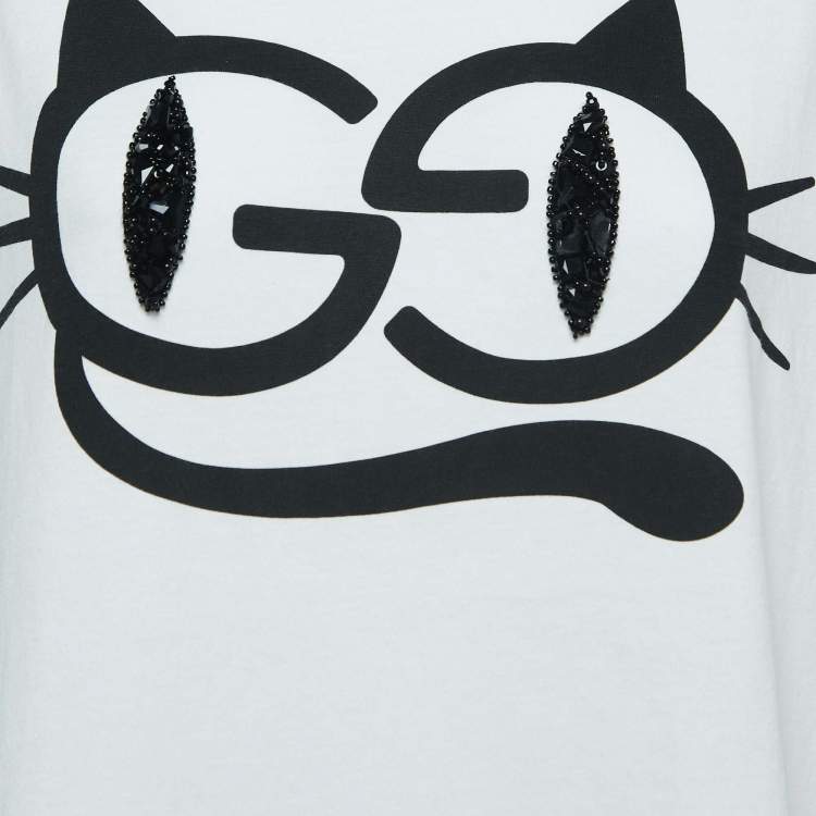 Pre Owned Gucci Off White Cat Eyes Print Cotton Embellished Half Sleeve T-Shirt M