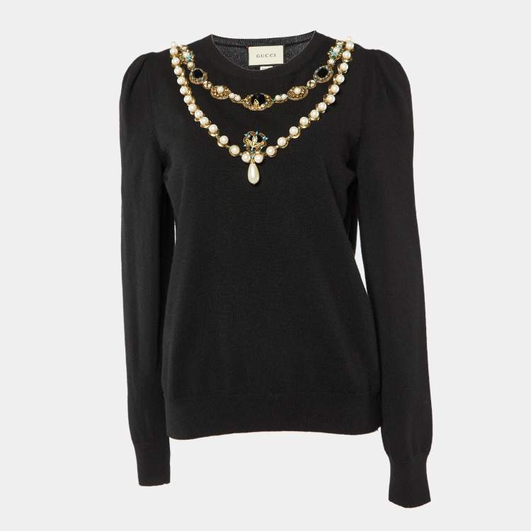 Pre Owned Gucci Black Wool Embellished Chain Sweater Top XL