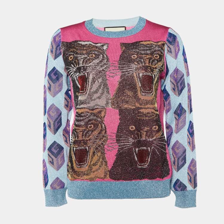 Gucci Blue Pink Tiger Patterned Lurex Knit Sweatshirt L Gucci The Luxury Closet