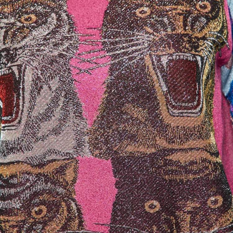 Pre Owned Gucci Blue/Pink Tiger Patterned Lurex Knit Sweatshirt L