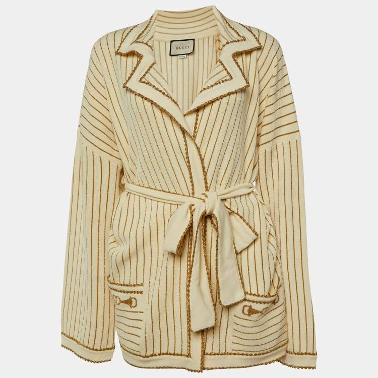 مملوكة مسبقًا Gucci Cream Lurex Wool Knit Belted Cardigan L