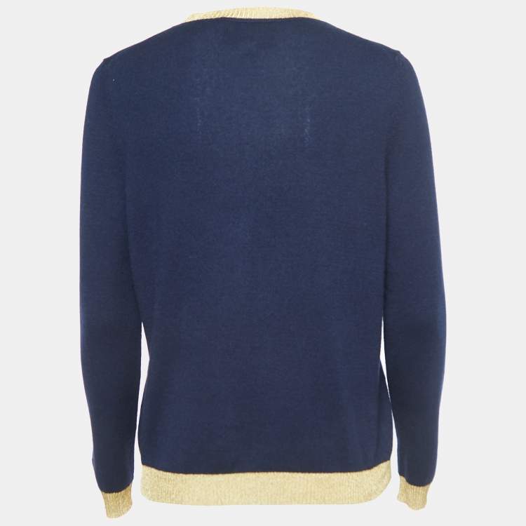 Pre Owned Gucci Navy Blue/Metallic Cashmere Buttoned Cardigan M