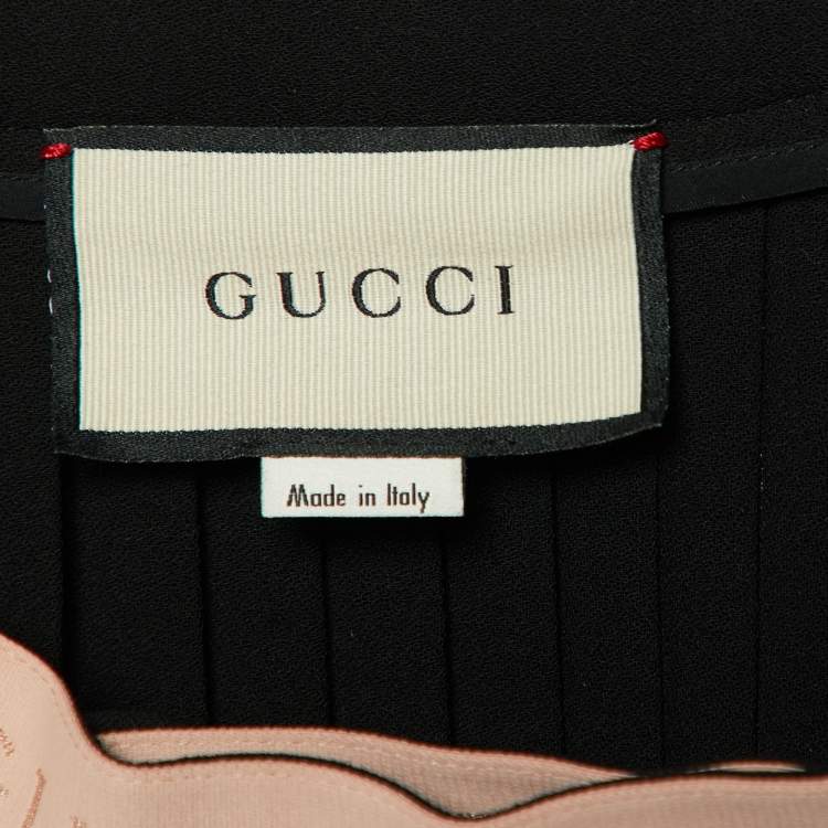 Pre Owned Gucci Black Plisse Crepe Contrast Waist Band Detail Midi Skirt M