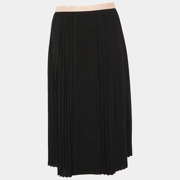 Pre Owned Gucci Black Plisse Crepe Contrast Waist Band Detail Midi Skirt M