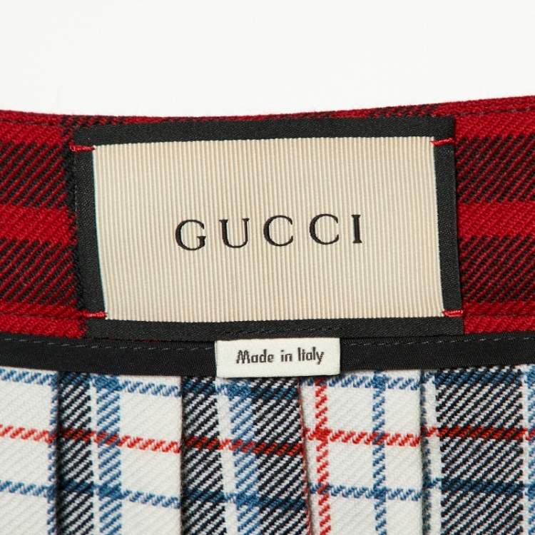 Pre Owned Gucci Multicolor Plaided Wool Leather Trim Pleated Midi Skirt S