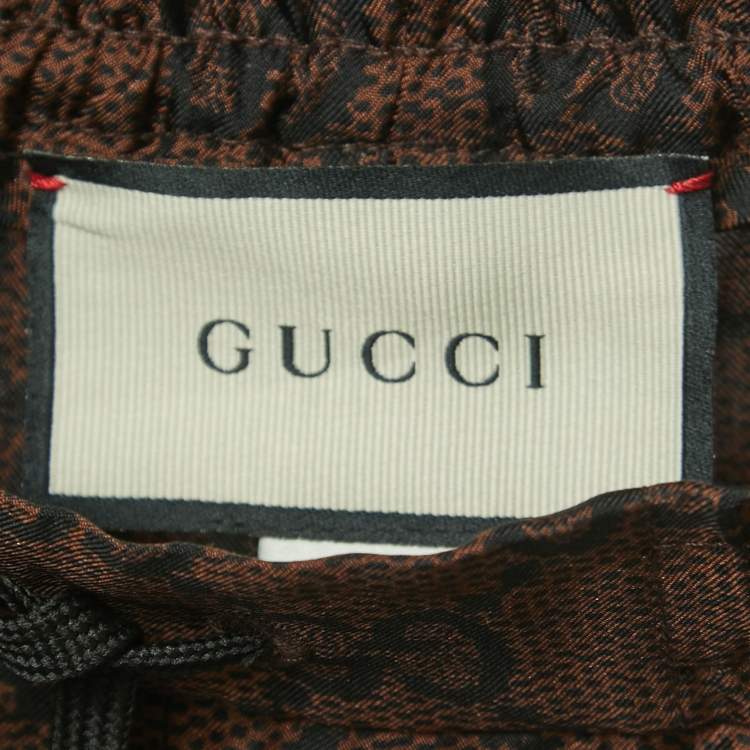 Pre Owned Gucci Brown Logo Print Silk Side Stripe Detailed Drawstring Joggers XS