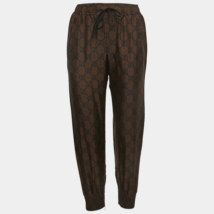 Pre Owned Gucci Brown Logo Print Silk Side Stripe Detailed Drawstring Joggers XS
