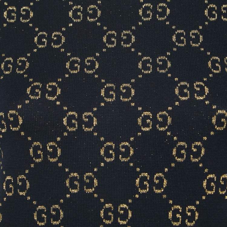 Pre Owned Gucci Navy Blue/Metallic GG Patterned Knit Top XS