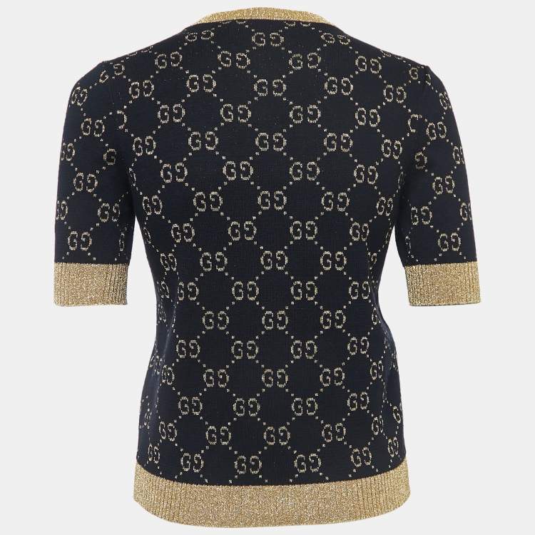 Pre Owned Gucci Navy Blue/Metallic GG Patterned Knit Top XS