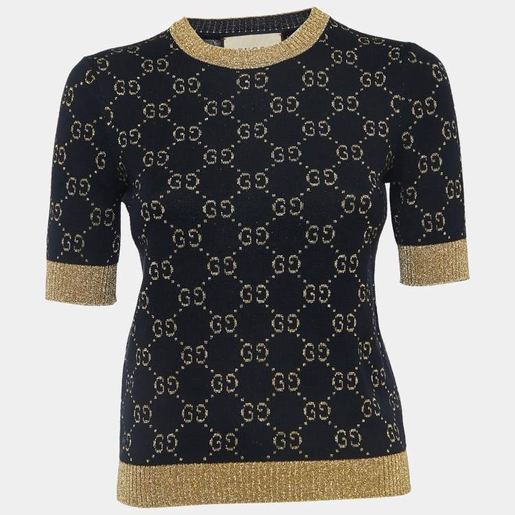 Pre Owned Gucci Navy Blue/Metallic GG Patterned Knit Top XS