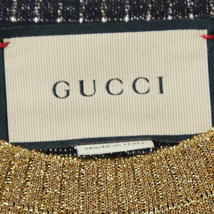 Pre Owned Gucci Navy Blue/Metallic GG Patterned Knit Top XS
