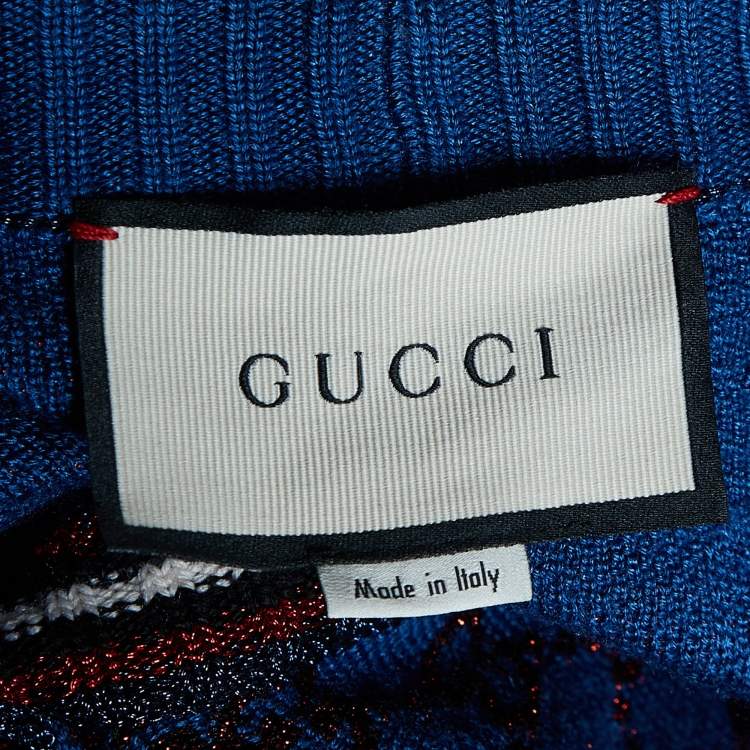 Pre Owned Gucci Navy Blue Lurex Logo Jacquard Knit Button front Cardigan XL