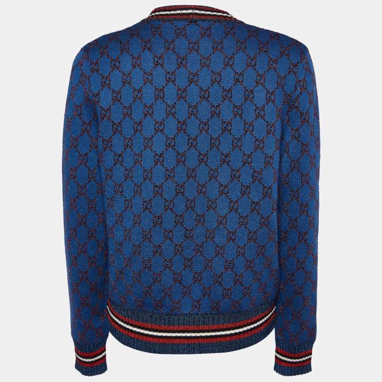 Pre Owned Gucci Navy Blue Lurex Logo Jacquard Knit Button front Cardigan XL