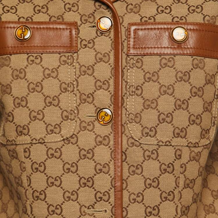 Pre Owned Gucci Brown/Beige GG Canvas Leather Detailed Jacket S