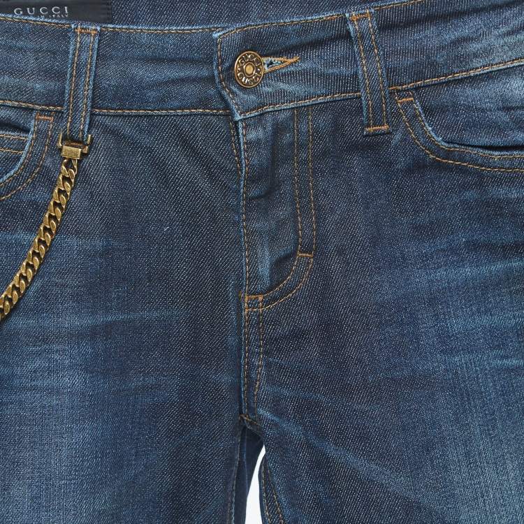 Pre Owned Gucci Dark Blue Washed Denim Chain Detailed Leggings XS