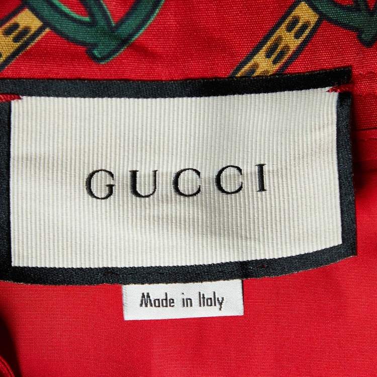 Pre Owned Gucci Red Horsebit Print Cotton Pleated Midi Skirt S