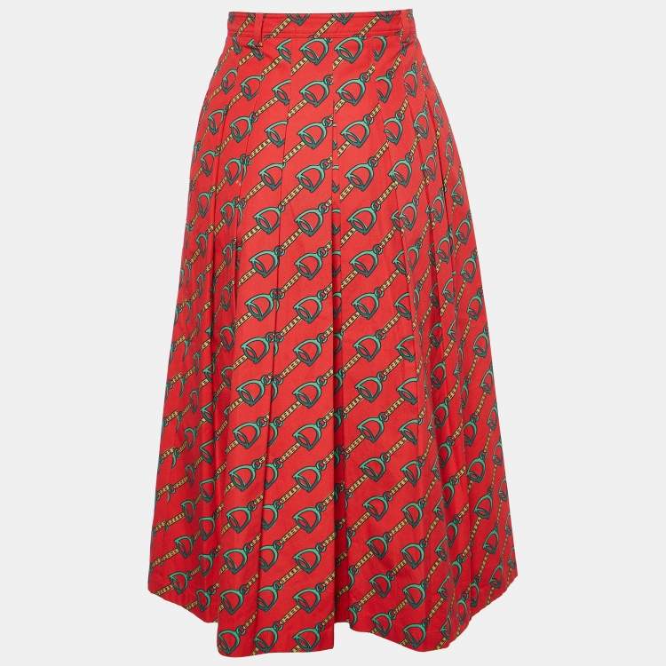 Pre Owned Gucci Red Horsebit Print Cotton Pleated Midi Skirt S