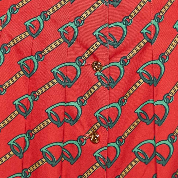 Pre Owned Gucci Red Horsebit Print Cotton Pleated Midi Skirt S