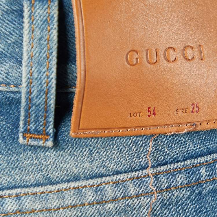 Pre Owned Gucci Blue Floral Snake Embroidered Denim Boyfriend Fit Jeans S/Waist 32"