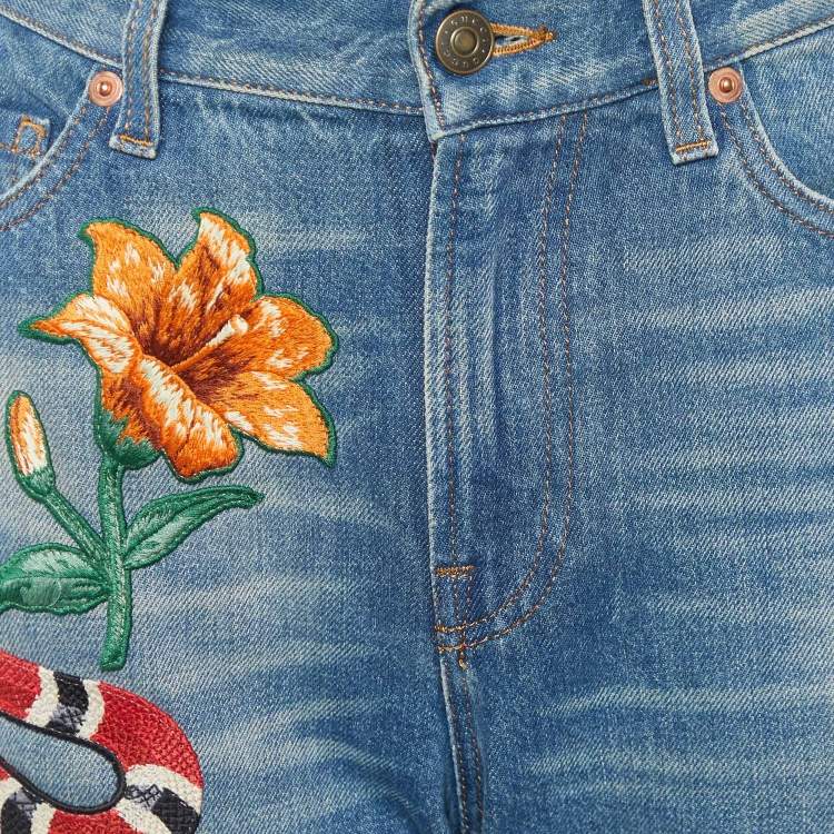 Pre Owned Gucci Blue Floral Snake Embroidered Denim Boyfriend Fit Jeans S/Waist 32"