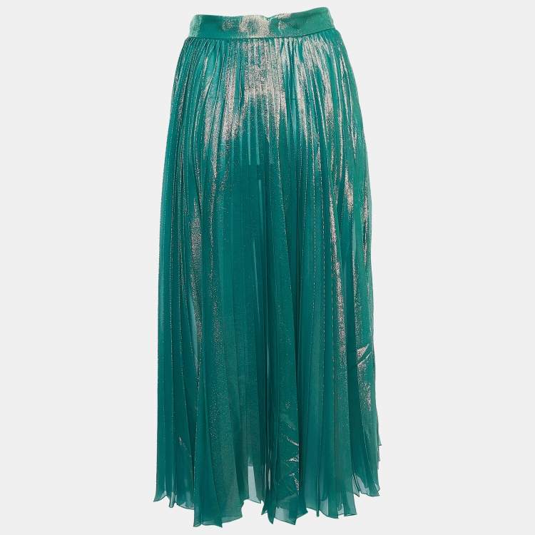 مملوكة مسبقًا Gucci Metallic Green Pleated Silk Blend Midi Skirt S