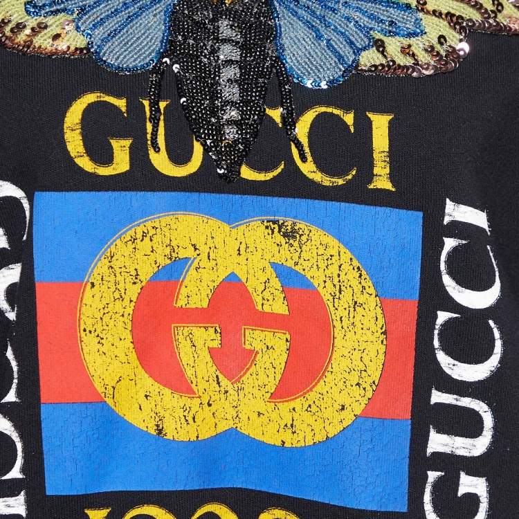 Pre Owned Gucci Black Logo Sequined Butterfly Cotton Oversized Sweatshirt XS