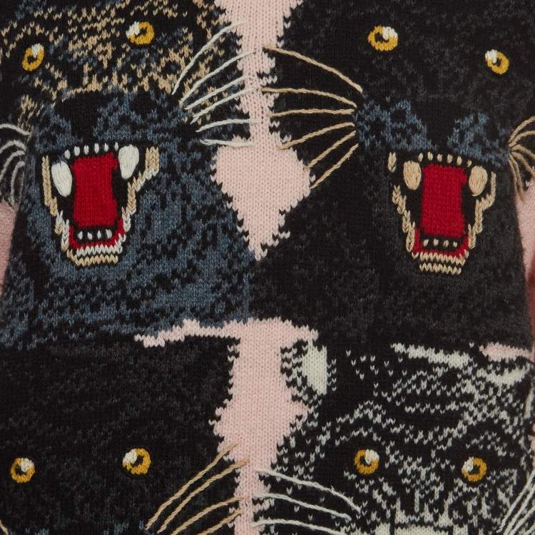 Pre Owned Gucci Pink Wool Tiger Intarsia Embellished Sweater M