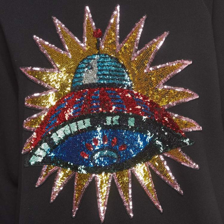 Pre Owned Gucci Black Cotton Knit UFO Embroidered Sweater S