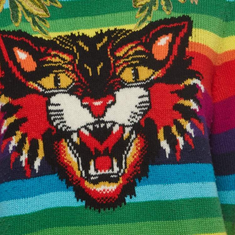 Pre Owned Gucci Multicolor Striped Wool Embroidered Sweater M